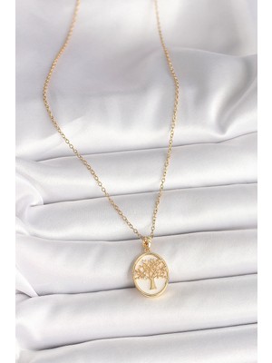 Aesco 316L Çelik Gold Renk Zincir Zirkon Taş Detaylı Beyaz Mineli Ağaç Işlemeli Portre Model Kadın Kolye - Lisinya