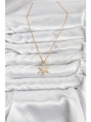 Aesco 316L Çelik Zincir Gold Renk Kar Tanesi Model Zirkon Taşlı Kadın Kolye - Lisinya