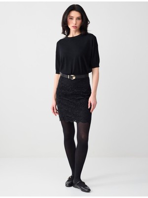 Jimmy Key Siyah Dantel Desenli Dokuma Kısa Etek