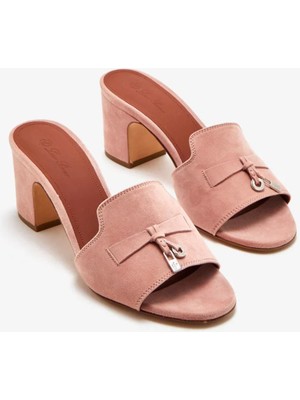 Loro Piana Yazlık Şıklık Sandalet - Topuklu Terlik ,pembe Süet 5,5 cm Topuklu Terlik , Hakiki Deri Topuklu Terlik