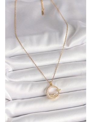 Aesco 316L Çelik Gold Renk Zincir Zirkon Taşlı Ay Yıldız Model Sonsuzluk Detay Kadın Kolye - Lisinya