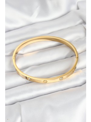 Aesco 316L Çelik Gold Renk Zirkon Taşlı 65 mm Kadın Kelepçe Bileklik - Lisinya