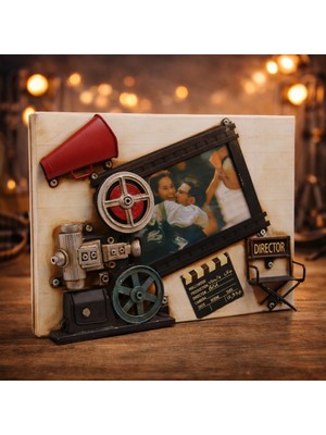 Sinema Temalı Vintage Dekoratif Çerçeve – El Yapımı Eskitme Metal Ahşap Fotoğraf Çerçevesi