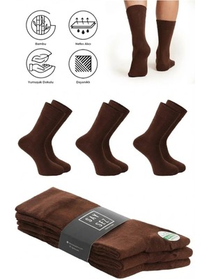 Saysez Bambu Erkek Soket Uzun Düz Kahverengi Çorap Dikişsiz Premium Paket 3'lü / Yıkamalı Kokulu Soft Çorap