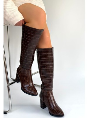 Aesco Morena Acı Kahve Desenli Rugan Topuklu Çizme - Lisinya
