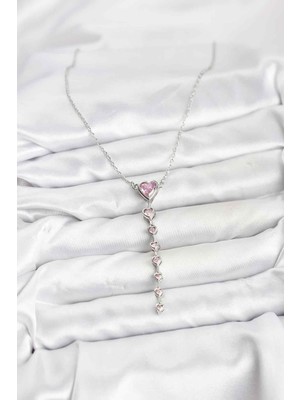 Aesco 316L Çelik Zincir Gümüş Renk Pembe Kalp Kadın Kolye - Lisinya
