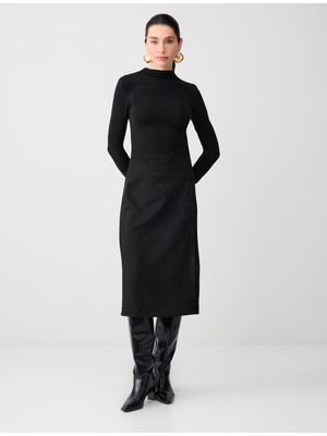 Jimmy Key Siyah Yüksek Bel Düğme Detaylı Süet Midi Etek