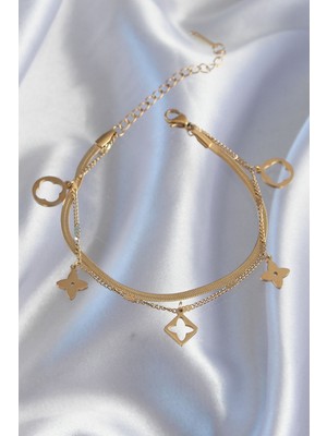 Aesco 316L Çelik Gold Renk Çift Zincir Yonca Tasarım Bileklik - Lisinya