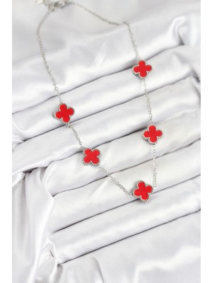 Aesco 316L Çelik Zincir Gümüş Kırmızı Renk Yonca Kadın Kolye - Lisinya