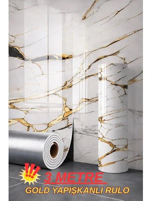Renkli Duvarlar 60cm x 3 Metre Tek Parça Yapışkanlı Rulo Gold Mermer Desenli Duvar Paneli Kağıdı Silinebilir TJJC