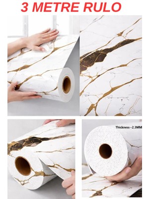 Renkli Duvarlar 60cm x 3 Metre Tek Parça Yapışkanlı Rulo Gold Mermer Desenli Duvar Paneli Kağıdı Silinebilir TJJC