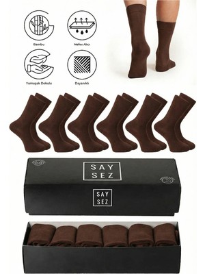 Saysez Bambu Erkek Soket Uzun Düz Kahverengi Çorap Dikişsiz Premium Kutulu 6'lı