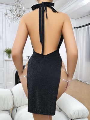 Beruflic Siyah Seksi Elbise Zincirli 5045