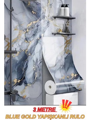 Renkli Duvarlar 60cm x 3 Metre Tek Parça Yapışkanlı Mavi Gold Mermer Desenli Duvar Paneli Kağıdı Silinebilir tx-6969