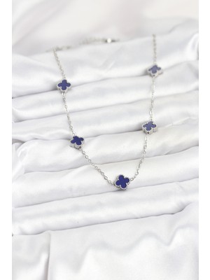 Aesco 316L Çelik Zincir Gümüş Renk Lacivert Baby Boy Yonca Kadın Kolye - Lisinya