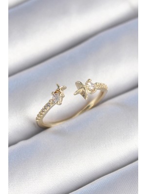 Luz&Pos Pirinç Gold Renk Zirkon Taş Detay Yıldız Model Kadın Yüzük