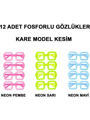 Aesco Fosforlu Kare Model Glow Parti Gözlüğü Karanlıkta Yanan Gözlükler 12 Adet - Lisinya
