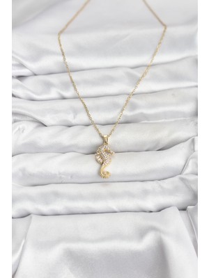 Aesco 316L Çelik Zincir Gold Renk Deniz Atı Model Zirkon Taşlı Kadın Kolye - Lisinya
