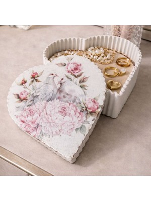 Uretti - Hülya 6683 5807 Kuş Desen Baskılı El Yapımı Kalp Biçimli Dekoratif Polyester Takı Kutusu - Masaüstü Takı Organizeri