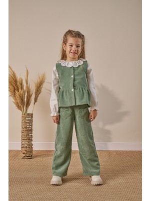 Minipodyum Kalp Cep Detaylı Fitilli Kadife 3’lü Bayramlık Kız Çocuk Alt Üst Takım