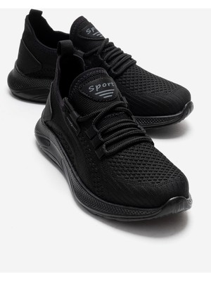 Ccway Yan Çizgili Triko Kadın Spor Ayakkabı Siyah Siyah