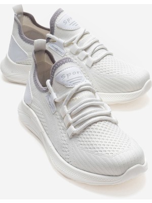 Ccway Yan Çizgili Triko Kadın Spor Ayakkabı Beyaz Beyaz