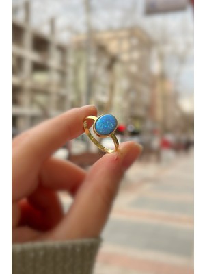 Erer Gümüş Gümüş Mavi Opal Taşlı Altın Kaplama Yüzük