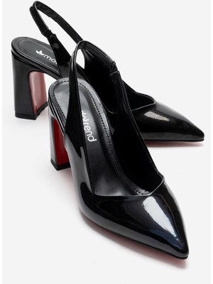 Ccway Kadın  Aynalı  Arkası Açık Topuklu Ayakkabı Siyah Rugan