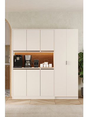 AVM Park Brave Kahve 3 Kapaklı Kahve Köşesi + Boy Dolap Airfry Kiler Dolabı Çok Amaçlı LED Işıklı Beyaz