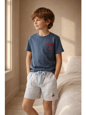 Erkek Çocuk Mediterranean Kiraz Desenli Şortlu Pijama Takımı Lacivert