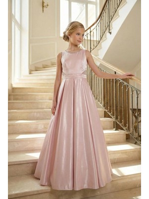 Kız Çocuk Abiye Pudra Parlak Saten Uzun Sırt Fiyonklu Abiye Elbise 10-15 Yaş