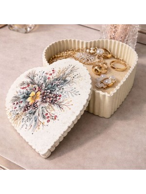 Uretti - Hülya 6683 9876 Çiçek Desen Baskılı El Yapımı Kalp Biçimli Dekoratif Polyester Takı Kutusu - Masaüstü Takı Organizeri