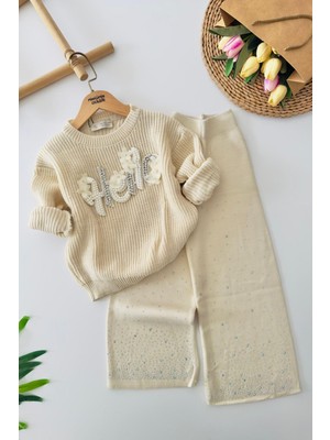 Miniğimin Cicileri Taşlı Hello Yazı Aplikeli Triko Kazaklı Kız Çocuk 2'li Takım - Krem