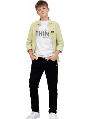 İrem Çocuk Giyim Erkek Çocuk Think Yazılı Yeşil Uzun Kol Gömlekli Kot Pantolon Tişörtlü Üçlü Takım