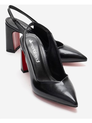 Ccway Kadın  Aynalı  Arkası Açık Topuklu Ayakkabı Siyah Kırışık