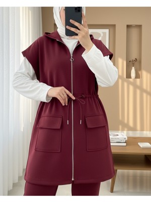 Modamorfo Çift Cepli Fermuarlı Lastik Detaylı Kısakollu Scuba Takım  -Bordo