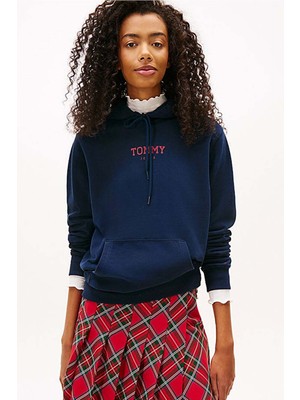 Tommy Hilfiger Kadın Logo Baskılı Kapüşonlu Sweatshirt - Lacivert