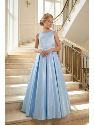 Kız Çocuk Abiye Bebemavi Parlak Saten Uzun Sırt Fiyonklu Abiye Elbise 10-15 Yaş