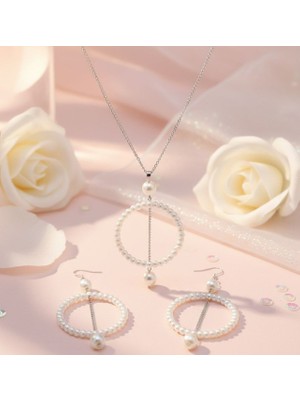 Shiklik Inci Detaylı Yuvarlak Model Kadın Takı Seti Kolye, Küpe