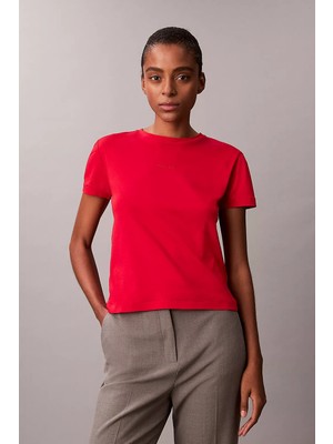 Calvin Klein Kadın Ss Supima Fine Interlock Nano Lo T-Shirt - Kırmızı