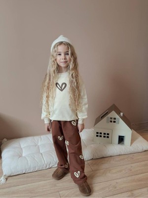 Yiğit Butik Kalp Baskılı Bol Paça Kız Çocuk Alt Üst Takım