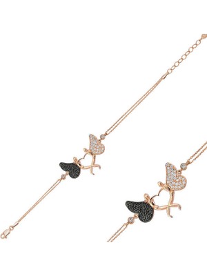 Tienda Elegante Gümüş Rose Kalpli Melek Bayan Bileklik