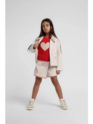 Escabel Kız Çocuk Işlemeli Dokumalı Şort Etek 9-14 Yaş Krem