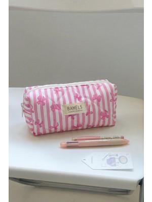 Bahels Pembe Çizgili Fiyonk Kalemlik Kalem Kutusu Kalem Çantası