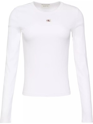 Calvin Klein Kadın Ls Woven Label 2x2 Rib Crew Top T-Shirt - Beyaz
