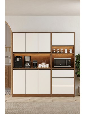AVM Park Brave Kahve Köşesi + Çekmeceli Airfry Kiler Dolabı Çok Amaçlı Erzak Dolabı LED Işıklı Ceviz-Beyaz