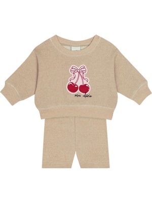 Antebies Pamuk, Sustainable, Bej Kiraz Baskılı  Kız Bebek Sweatshirt Biker Takım