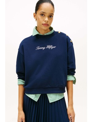 Tommy Hilfiger Kadın Gold-Tone Button Script Terry Sweatshirt - Lacivert
