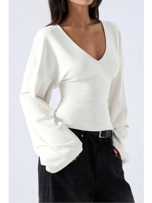 Tarz Cool Kadın V Yaka Uzun Kollu Belden Oturtmalı Bluz