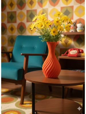 Ceviz Dizayn Galaksi Turuncu Vazo Kıvrımlı Desenli Dekoratif Şeffaf Plastik Vazo